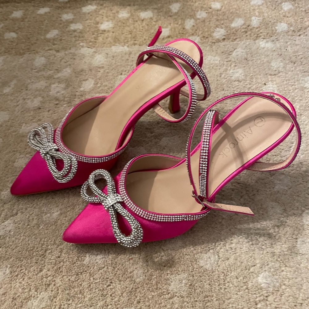 Pink Rhinestone Bow Heels 7